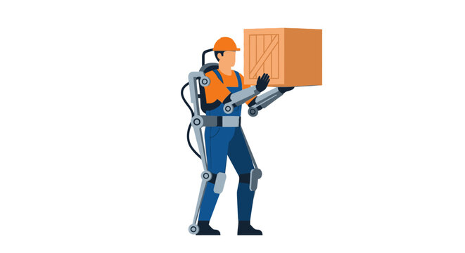 Industrial worker in robotic exoskeleton lifting heavy wooden box. Future technology in logistics, warehouse automation and human enhancement concept. Flat vector illustration.