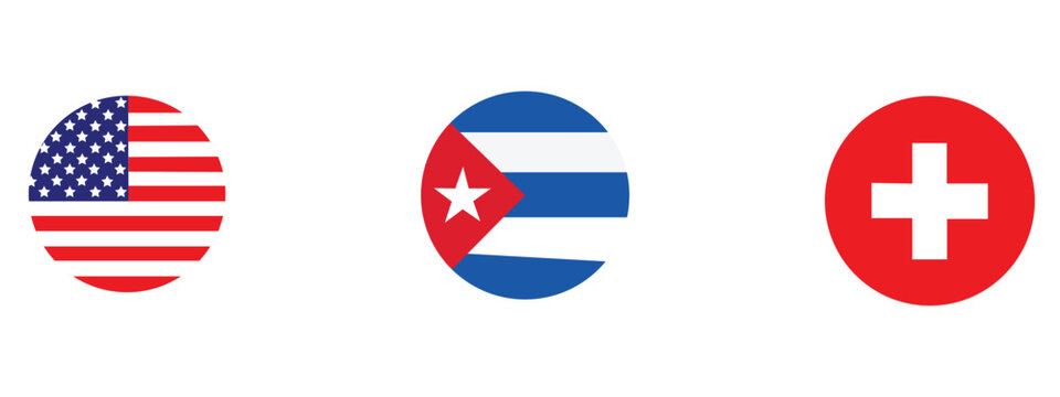Set of circular national flag icons featuring usa cuba and switzerland