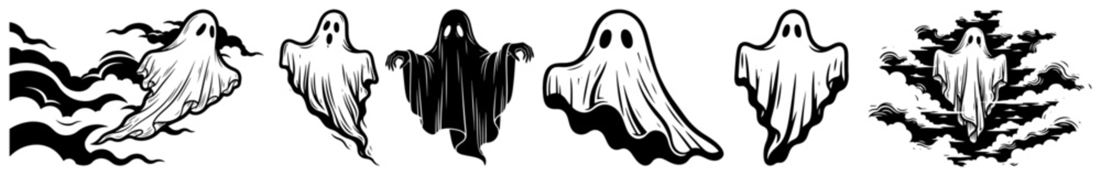 Spooky white ghost characters in various flying poses for Halloween in engraving style