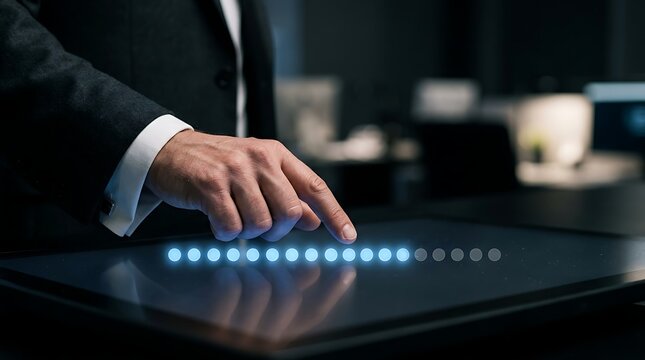 Businessman touching a digital display showing a data synchronization progress bar for cloud computing