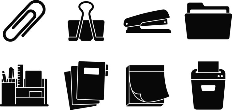 Office supplies and desk organization black vector icon set