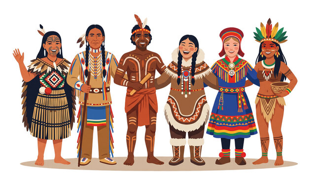 Indigenous people in traditional ethnic clothing, diverse group of native tribes in authentic costumes, multicultural community of indigenous nations