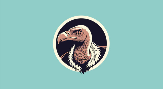 Circular vintage emblem of a vulture head with feathers looking to the side on a light turquoise background.