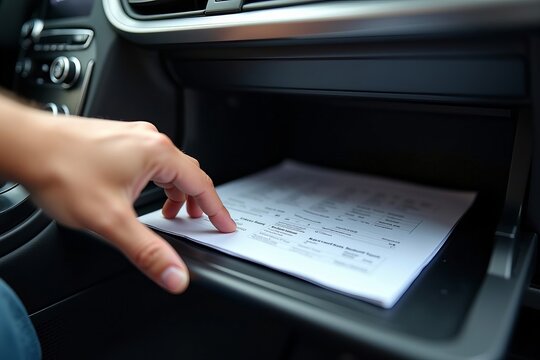 Close-Up of a Hand Reaching into an Open Glove Compartment, Revealing Luxurious Vehicle Registration Papers in a Stylish Interior with Soft Lighting Accentuating the Textures
