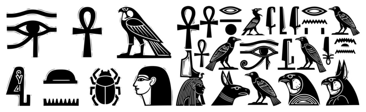 Ancient Egyptian hieroglyphs and sacred symbols collection including ankh and eye of horus