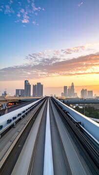 Railway tracks lead towards a city skyline at sunset