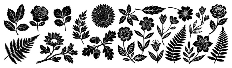 Floral collection with various flowers and botanical leaves in detailed engraving style © Kumamoto