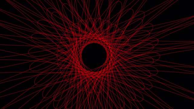 Abstract red light lines spiral inward to create a symmetrical geometric pattern on a dark background that fills the entire frame and offers a simple aesthetic for modern digital screen design.