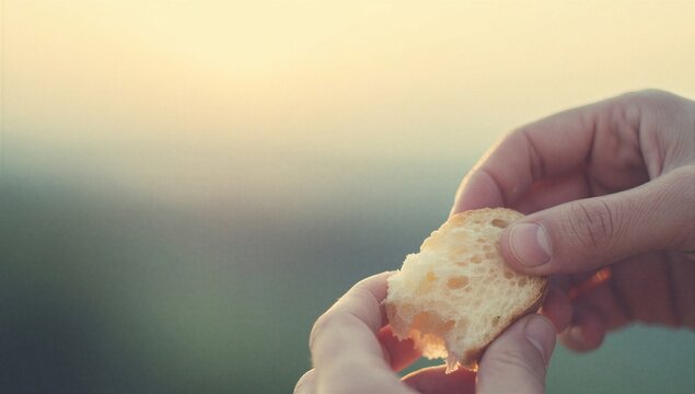 Close up of hands breaking fresh crusty bread in warm natural light