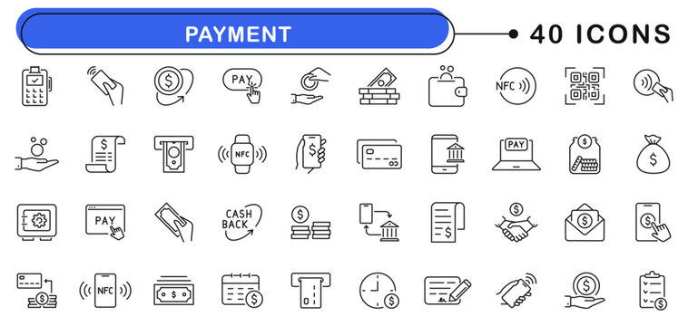 Payment icon set. Payment method icons in line style. Editable web icons pay, banking, nfc payment, terminal, credit card, digital wallets, QR code transaction. Vector illustration.