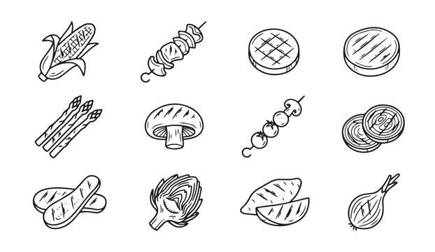 Grilled Food Icons in Simple Vector Illustration Style for Culinary Concepts
