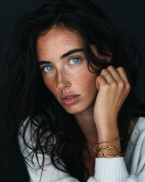 a woman in her mid-to-late 20s, tan naturally freckled skin, black wavy hair falling effortlessly, striking blue-grey eyes looking directly into camera, composed and unbothered expression, simple gold