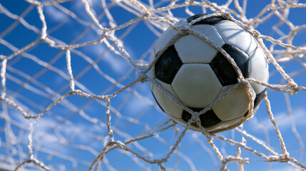 Naklejka premium a football ball hitting the net of the goat with strength