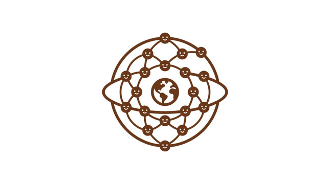A brown graphic illustration showing a global network of connected nodes with smiling faces