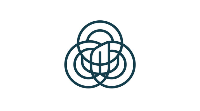 A minimalist graphic design featuring three interlocking circular rings on a plain white background