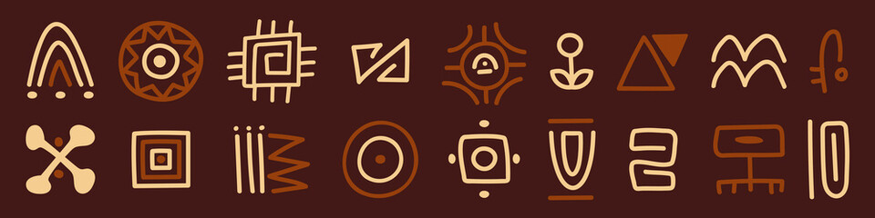 Fototapeta na wymiar African ethnic doodles, tribal symbols and abstract geometric motifs. Traditional aztec ornaments, primitive vector patterns on brown background, indigenous decorative elements for authentic design