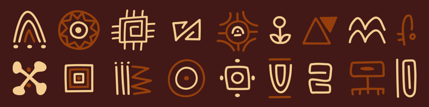 African ethnic doodles, tribal symbols and abstract geometric motifs. Traditional aztec ornaments, primitive vector patterns on brown background, indigenous decorative elements for authentic design