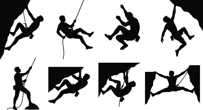 Rock climbing and rappelling male silhouette vector set