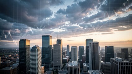 Fototapeta premium dramatic modern city skyscrapers at dusk overlooked from height conveying financial uncertainty with sophisticated architectural background