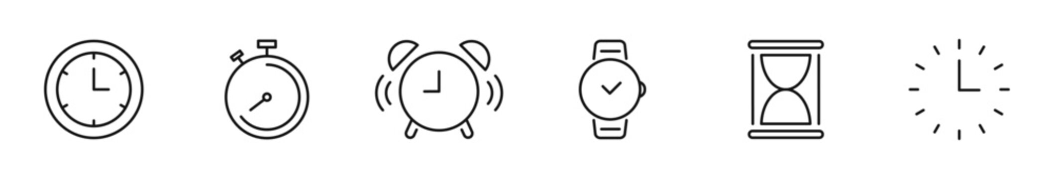 Time icons set. Time and clock icons in line style. Editable web icons timer, watch, speed, calendar, alarm clock, date and time management. Vector illustration.