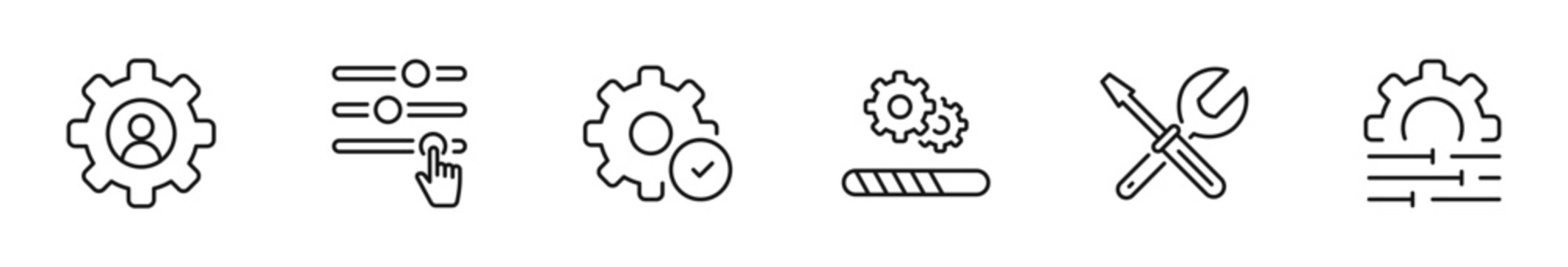Setting icon set. Setup icons in line style. Editable web icons for statistics data, installation, configuration, service, customization, system update, maintenance, optionetc. Vector illustration.