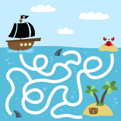 Maze game for kids. Help the pirate reach the treasure chest under the palm tree. Printable page for kids. © Darriar