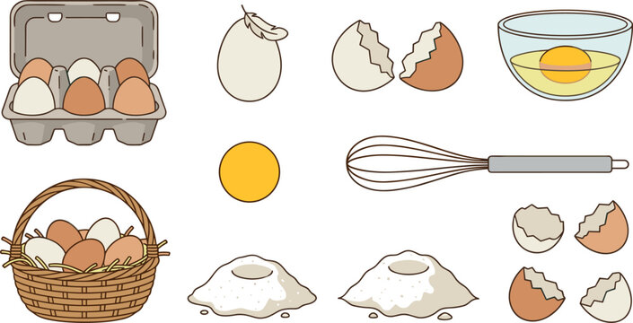 Baking Ingredients and Fresh Eggs Vector Icon Set with Carton Box, Wicker Basket, Whisk, Flour, and Broken Eggshells for Recipe Books and Culinary Designs