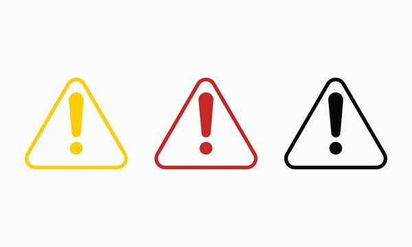 Alert vector icons set featuring yellow red and black triangular hazard symbols with exclamation marks for web user interface safety warning communication digital notification messaging design element