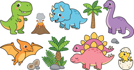 Cute Cartoon Dinosaur Vector Illustration Set with Tyrannosaurus Rex, Triceratops, Stegosaurus, Pterodactyl, Hatching Baby Dino Egg, Volcano, and Prehistoric Palm Trees © MdMizanur
