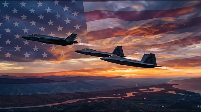 Military fighter jets flying at sunset with American flag overlay