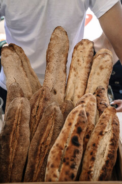 Freshly baked traditional long bread loaves