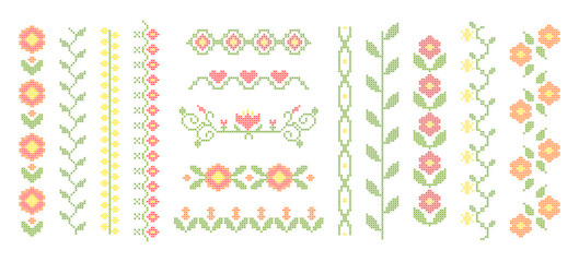 Obraz premium Cross stitch floral border with embroidery pattern, seamless pixel art design. Vector botanical folk motif, red spring flowers and green leaves on white background. Abstract geometric frame elements
