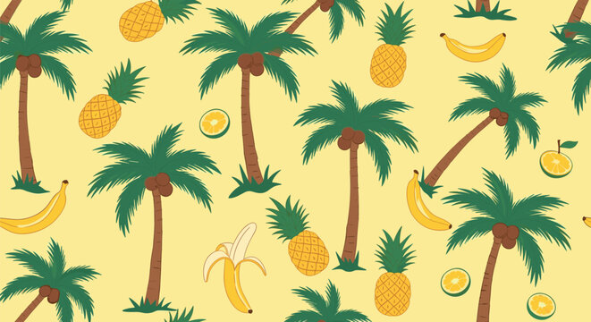 Vibrant tropical pattern featuring palm trees, pineapples, bananas, and coconut and orange halves on a yellow background.