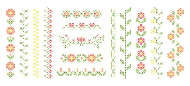 Cross stitch floral border with embroidery pattern, seamless pixel art design. Vector botanical folk motif, red spring flowers and green leaves on white background. Abstract geometric frame elements