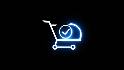 Glowing neon blue shopping cart icon with checkmark symbol isolated on black background. © Motion expert