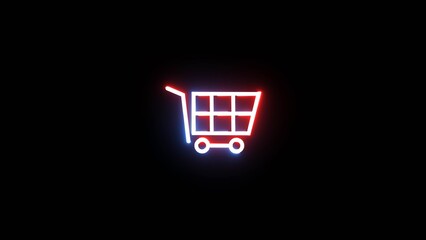 Neon light glowing shopping cart icon in red and white on dark black background. © Motion expert