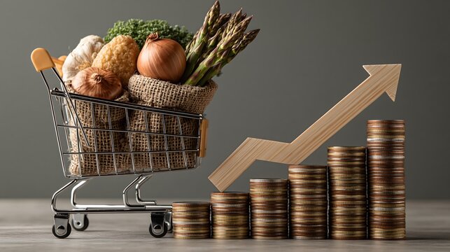 Shopping cart filled with groceries on stacked coins, upward financial growth arrow, inflation concept, rising consumer prices, minimalist gray background, no text, no logo, no watermark