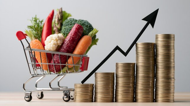 Rising food inflation with shopping cart on gold coins, economic growth arrow, consumer purchasing power concept, minimalist financial background, no text, no logo, no watermark