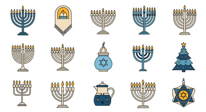 Comprehensive set of Hanukkah related icons featuring menorahs, star of david, dreidel, and traditional holiday elements.
