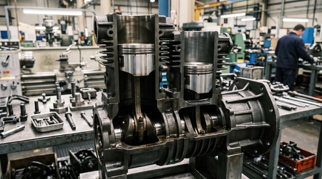 Detailed medium view of a twostage reciprocating piston compressor block showing the dualcylinder setup with expertly installed pistons and the complex assembly of castiron parts
