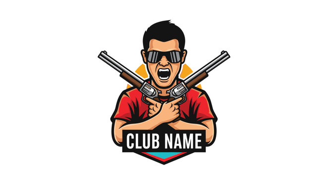 Dynamic shooting club badge mascot presenting a cool man in dark sunglasses holding crossed shotguns over chest.