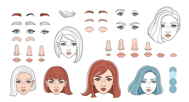 Female character constructor kit featuring different hairstyles, eyes, eyebrows, noses, and lips for customization.