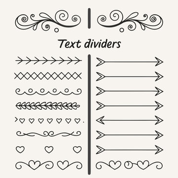 Text dividers hand drawn collection of ornate borders and decorative arrow elements for elegant page layout and romantic document design featuring hearts scrolls and leaf patterns vector set.