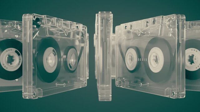 Audio cassettes with transparent casing rotating in a seamless CG loop against a solid teal background. Video podcast backgrounds, 80s revival content, retro music, nostalgia.
