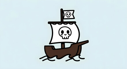 Naklejka premium Cartoon pirate ship with skull flag and sail - simple vector illustration