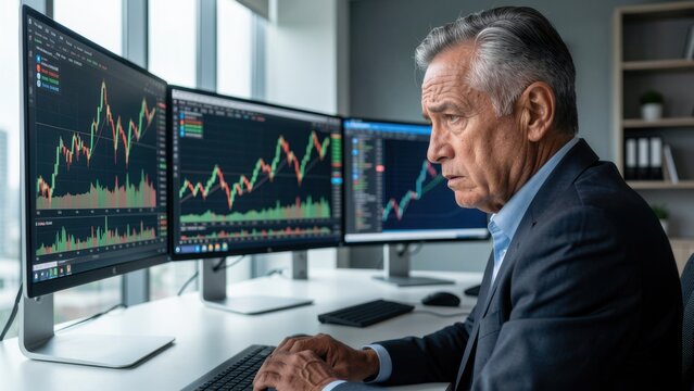 worried businessman reviewing complex financial charts at modern desk professional office setting concept market risk analysis corporate downturn time for investment planning
