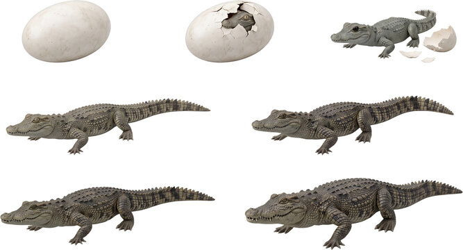 Life cycle stages of a crocodile from egg hatching to adulthood