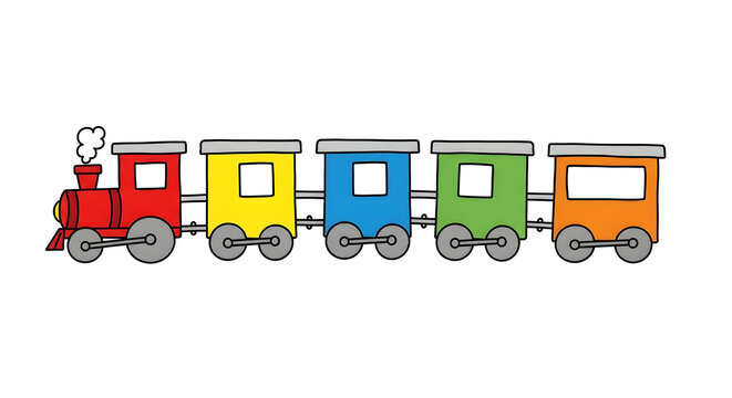Colorful cartoon train with engine and four carriages kids toy illustration