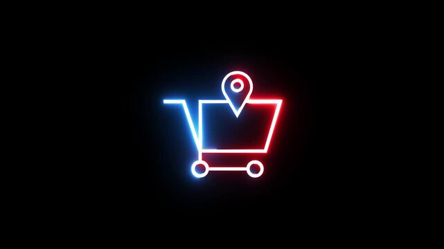 Neon shopping cart icon with glowing location pin marker animation on dark black background.
