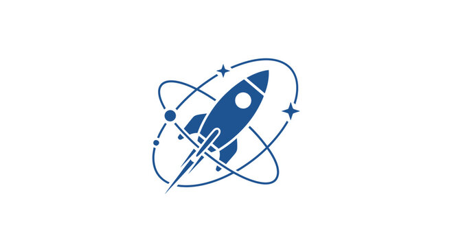 A minimalist blue icon of a rocket ship launching into outer space